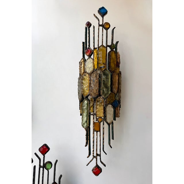 Longobard Hammered Glass Wrought Iron Sconces by Longobard, Italy, 1970s, Set of 3 For Sale - Image 4 of 14
