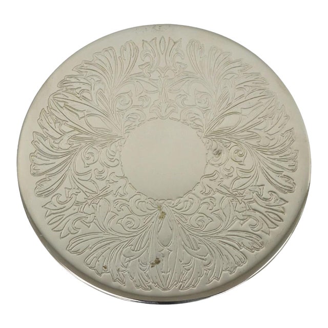 Vintage Mid Century Silver Plated 8" Round Leafy Scroll Design Pot Trivet For Sale