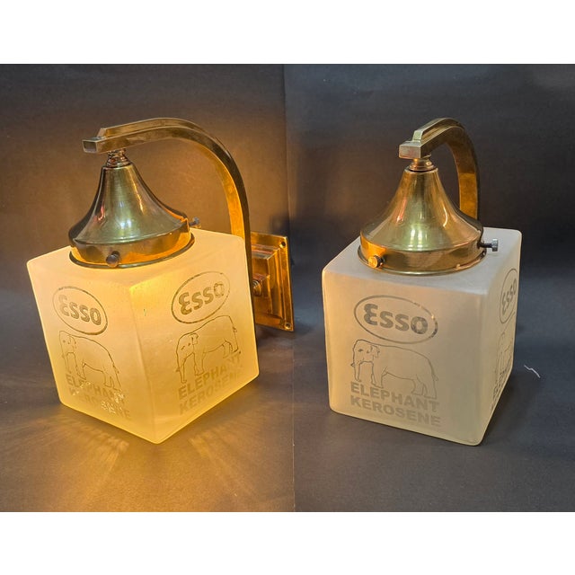 Pair Vintage Art deco light Old Lamp Wall Sconces Fixture Brass & Esso Elephant kerosene Glass Shade Ship Light Excellent...