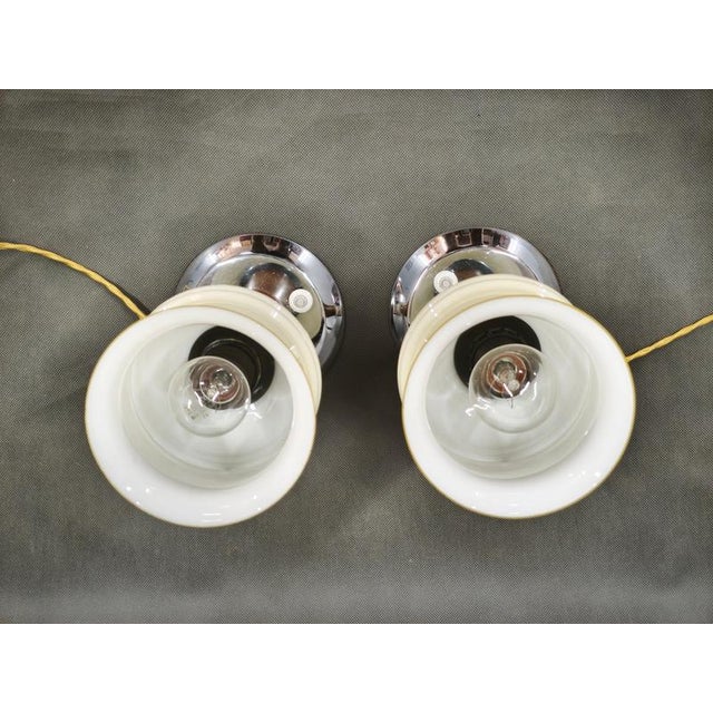 Italian Opaline Glass, Wood and Chrome Table Lamps, 1950s, Set of 2 For Sale - Image 9 of 11