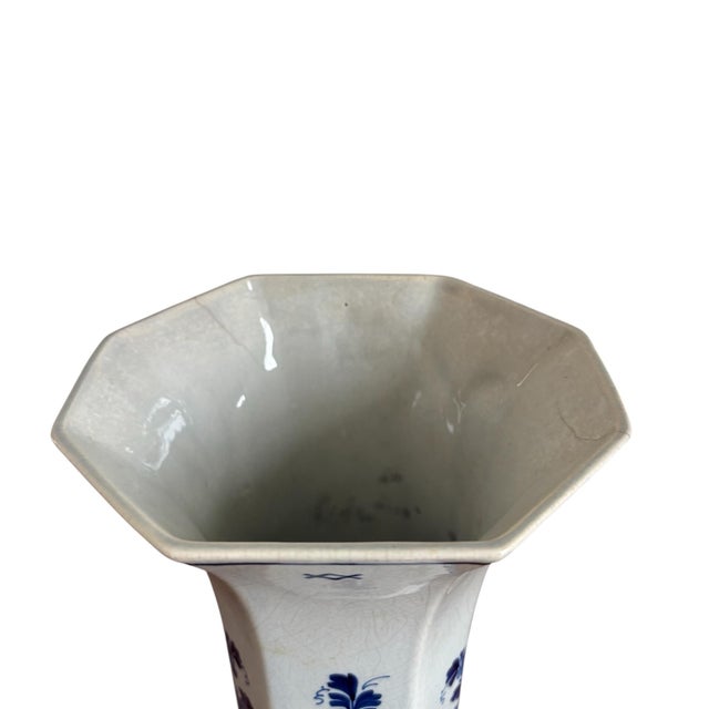 Blue Antique Royal Delft (1908) Hand Painted Romantic Scene Blue White Beaker Vase For Sale - Image 8 of 9