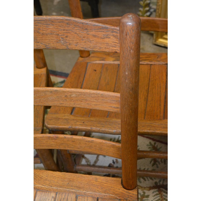 Vintage Set X 6 English Oak Tavern Slatted / Shaped Seat Ladder Back Dining Chairs For Sale - Image 11 of 16