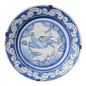 18th Century Large Baroque Portuguese Wall Plate Depicting a Bird