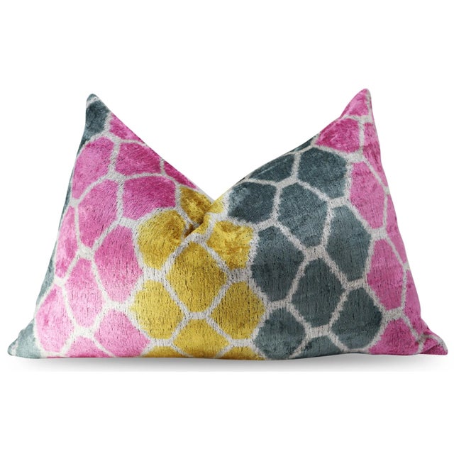 Mid-Century Modern Contemporary Gold Gray Pink Velvet Throw Pillow & Down Insert For Sale - Image 3 of 12