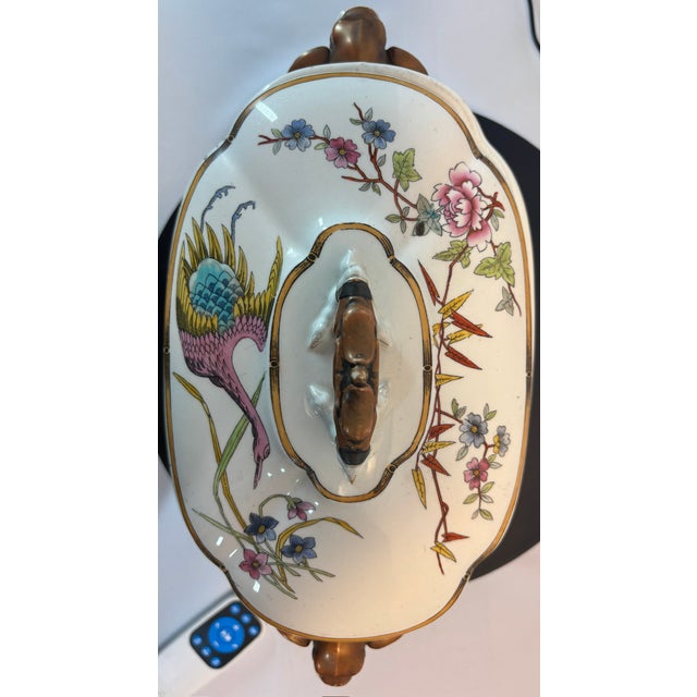 Rare Antique Royal Worcester Hand Painted Chinoiserie Porcelain Tureen, Elaborate Elephant Molded Handles & Dragon Head With Chicken Feet Lid Handle For Sale - Image 10 of 15