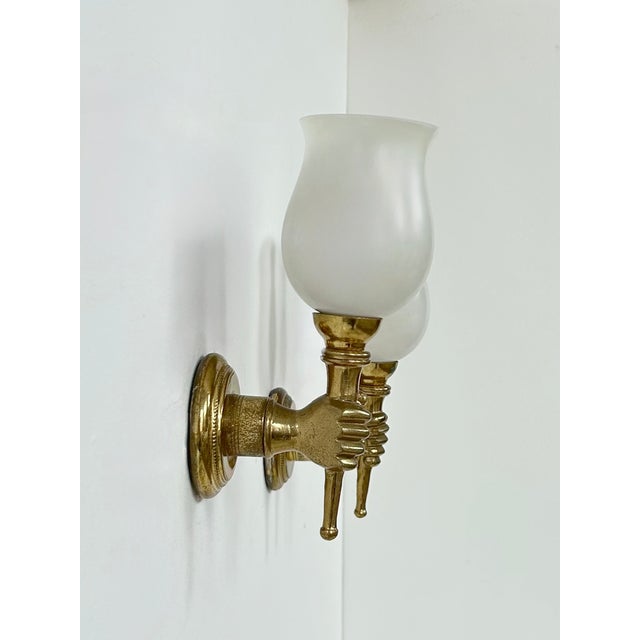 1960s Wall Lights in Brass and Opaline Glass from Maison Jansen, France, 1960, Set of 2 For Sale - Image 5 of 10