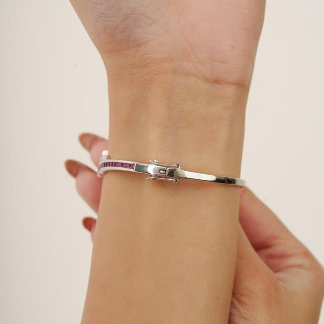 Metal Vintage 925 Sterling Silver Ruby & Diamond Bangle Bracelet- Elegant Gemstone Hinged Bracelet For Sale - Image 7 of 11