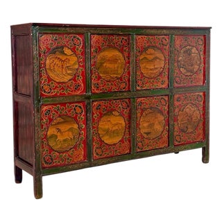 Vintage Tibetan Polychrome Painted Cabinet With Animal and Floral Panels For Sale