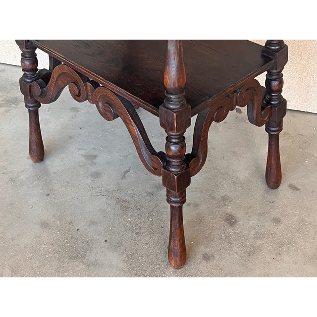 Spanish Two-Tier Walnut Console Side Table With Carved Legs and Stretcher For Sale - Image 11 of 13