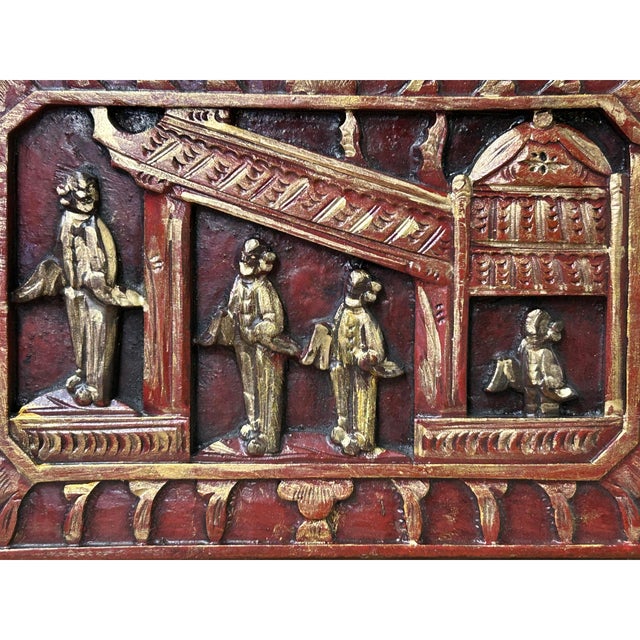 Wood Chinese Vintage Wood Red Golden Relief Carving Wall Hanging Art Plaque For Sale - Image 7 of 8