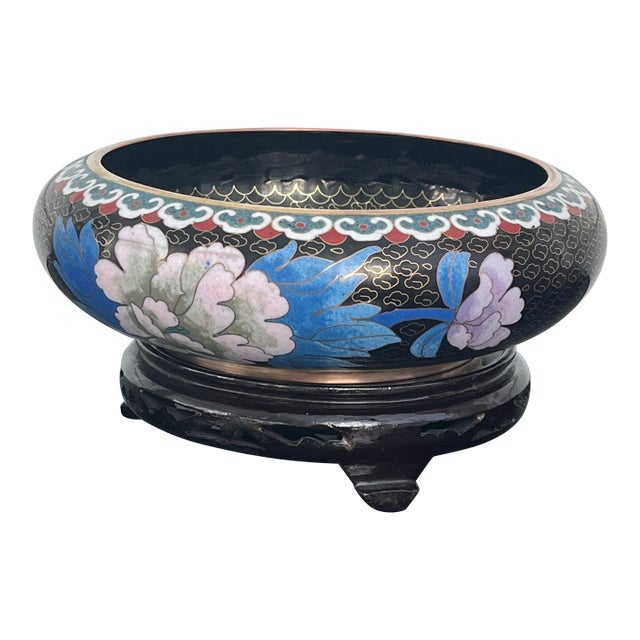 Chinese Cloisonné Black Enamel Bowl, Flowers and Birds, 8” With Stand For Sale