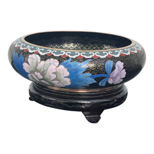 Chinese Cloisonné Black Enamel Bowl, Flowers and Birds, 8” With Stand