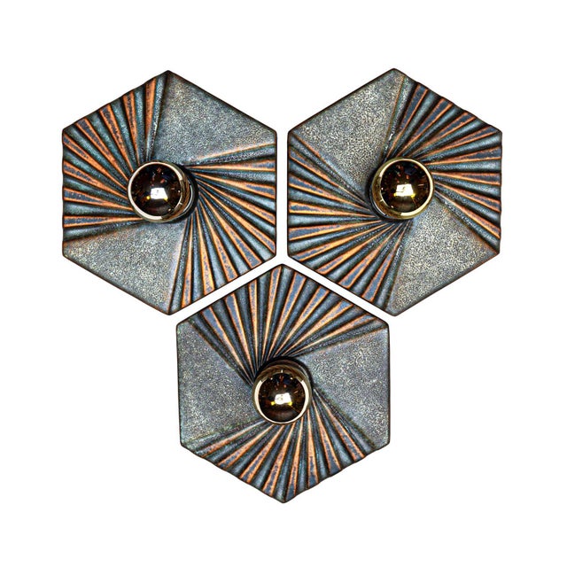 Hexagonal Wall Lamps in Blue, Green and Golden Ceramic from Hustadt Leuchten, Germany, 1970s, Set of 3 For Sale - Image 12 of 12