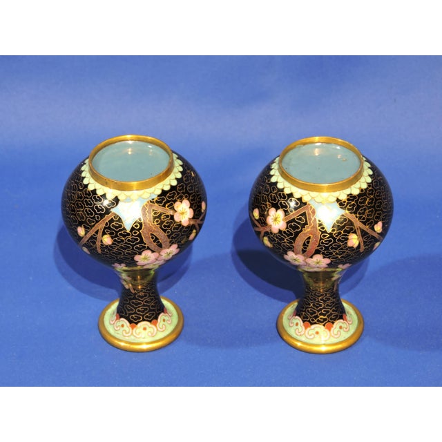 Black Late 20th Century Chinese Beijing Cloisonne Black Enamel on Brass Vases - Set of 2 For Sale - Image 8 of 8