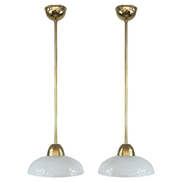 Art Deco White Opaline Glass and Brass Pendants, Sweden, 1940s, Set of 2 For Sale - Image 14 of 14
