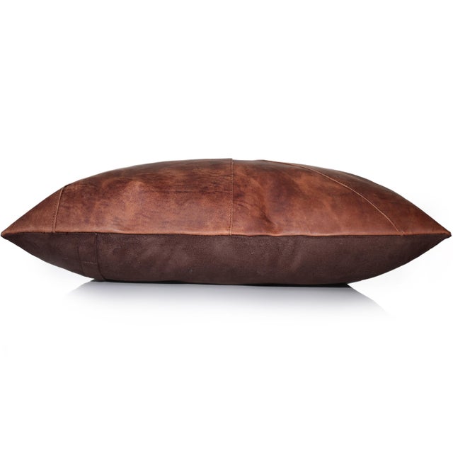 Luxury Cognac Genuine Leather Patchwork Throw Pillow 16x24 | Handmade Rustic Modern Lumbar Cushion For Sale - Image 4 of 7