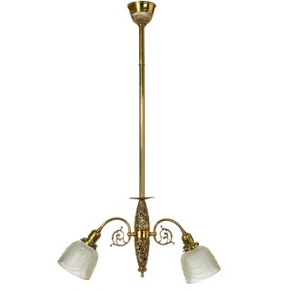 1930s Victorian Brass Two Arm Filigree Pendant Light For Sale