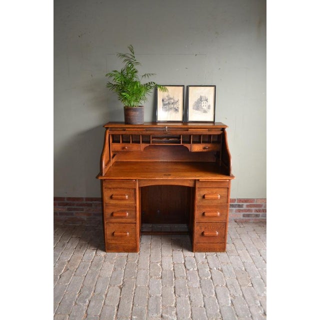 Brown Antique Oak Roll-Up Desk and Office Chair, Set of 2 For Sale - Image 8 of 17