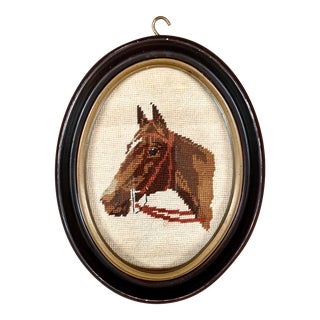 Vintage Horse Needlepoint Textile Art in Oval Frame For Sale