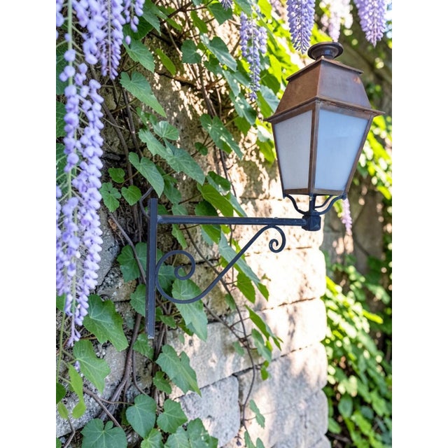 Antique iron and copper lantern with iron arm, suitable for a castle or manor house. 30 pieces available. European Plug...