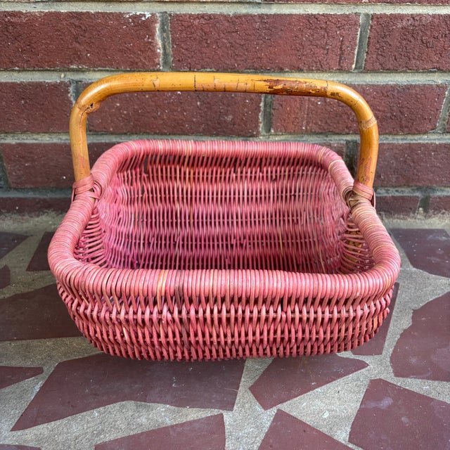Bielecky Brothers Vintage Dusty Rose Painted Wicker Gathering Basket With Bamboo Handle For Sale - Image 4 of 8