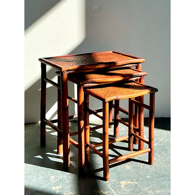 Vintage Boho Woven Rattan Nesting Tables - Set of 3 For Sale - Image 9 of 12