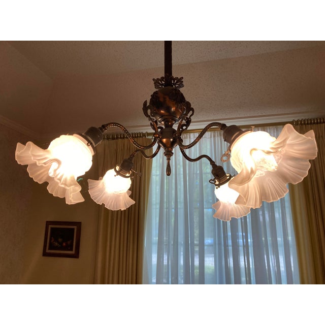 Victorian 4 Light Restored Victorian Japanned Copper Chandelier Electric For Sale - Image 3 of 6