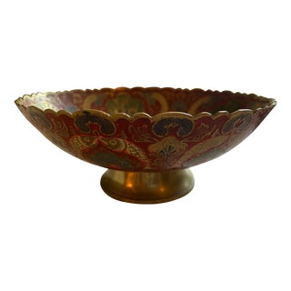 Vintage 1960s Brass Embossed Bowl Brass Bowl With Scalloped Edge Flowers & Peacock For Sale