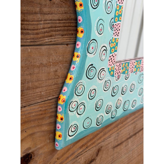 Turquoise 1990s Whimsical Hand-Painted Coastal Folk Art Fish Wall Mirror For Sale - Image 8 of 10