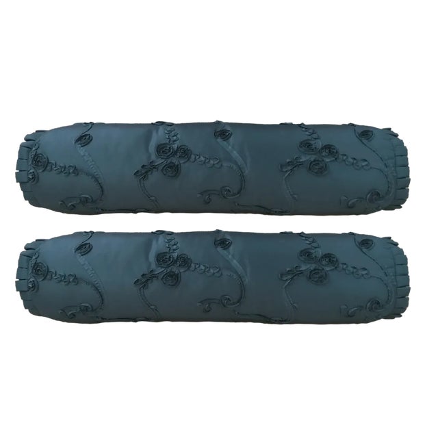 Bespoke Peacock Blue Bolster Pillows- Set of 2 For Sale
