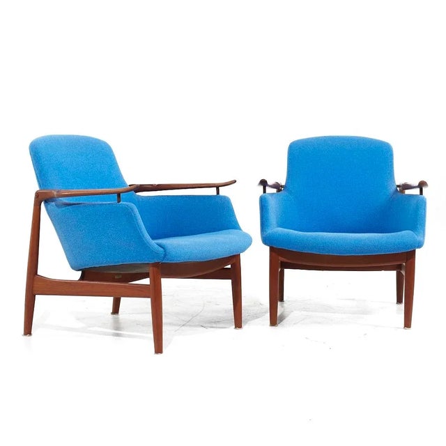 Finn Juhl for Niels Vodder NV-53 Mid Century Blue Chairs - Pair Each lounge chair measures: 28 wide x 30 deep x 29.5 high,...