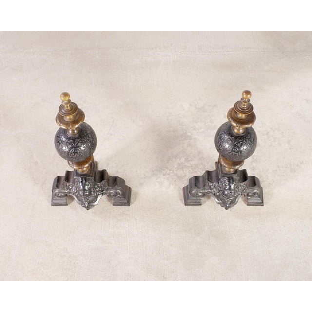 Metal Pair of Dutch Baroque Style Iron Brass Andirons For Sale - Image 7 of 18