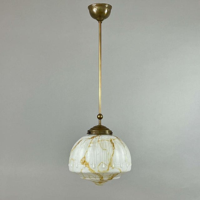Art Deco Marbled Opaline Glass and Brass Pendant Light, Germany, 1930s For Sale - Image 3 of 18