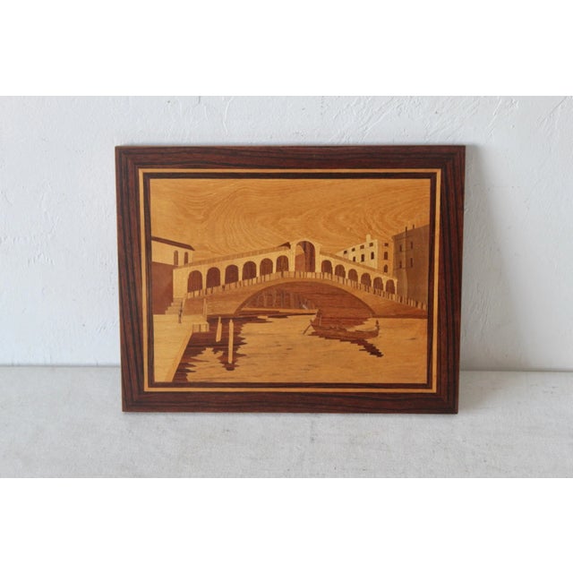 1970s Vintage Mid Century Sorrento Italy Inlay Picture Marquetry River Bridge Scene For Sale - Image 4 of 8