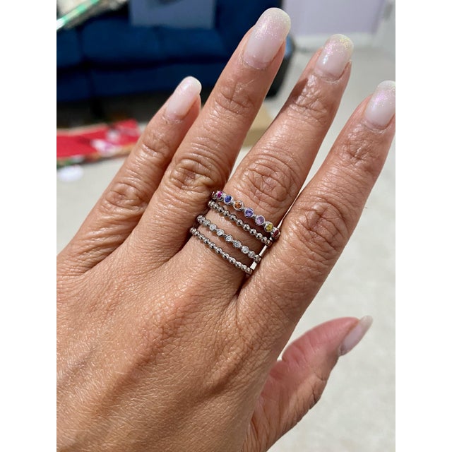 Multi Color Sapphire Diamond White Gold Stacked Band, Size 7 For Sale - Image 9 of 9