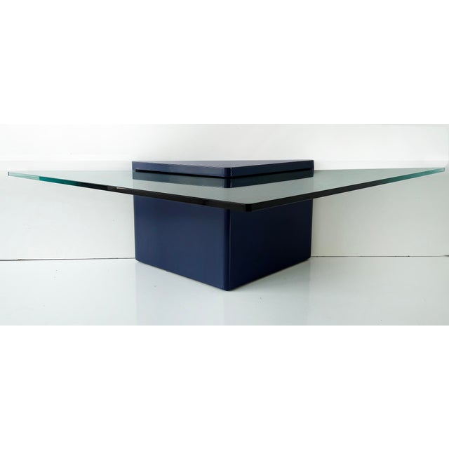 Postmodern Lacquered Modern Triangle Coffee Tables With Glass, in Deep Midnight Blue 2 Aailable For Sale - Image 3 of 7