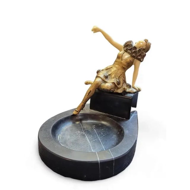 Art Deco Antique French Art Deco Bronze Harlequin Posing on Marble Pedestal Ashtray For Sale - Image 3 of 10