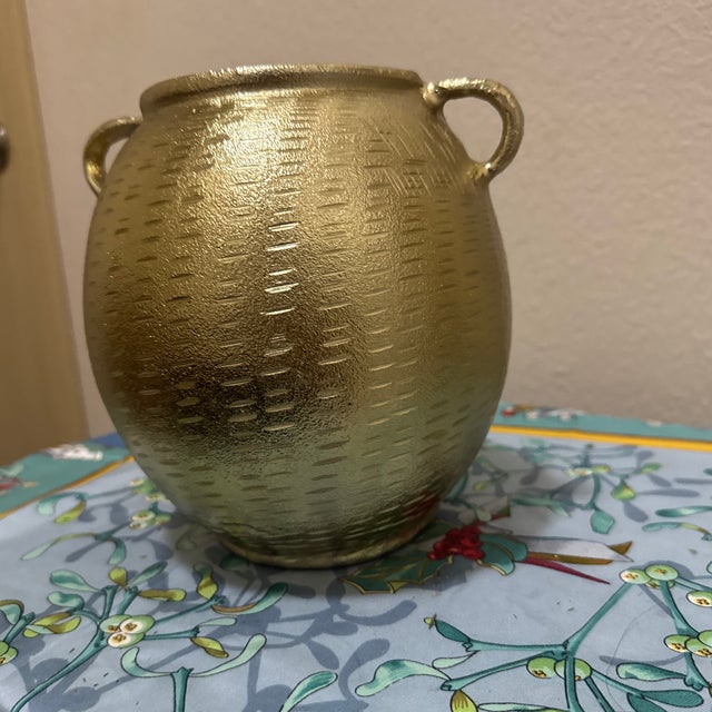 Vintage Textured Antique Gold Urn Vase With Ear Handles For Sale - Image 10 of 10