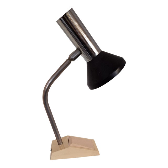 German Adjustable Desk Lamp with Cream-Colored Plastic Base, Chrome-Plated Metal Frame and Black Reflector Shade from Hoffmeister Leuchten, 1970s For Sale