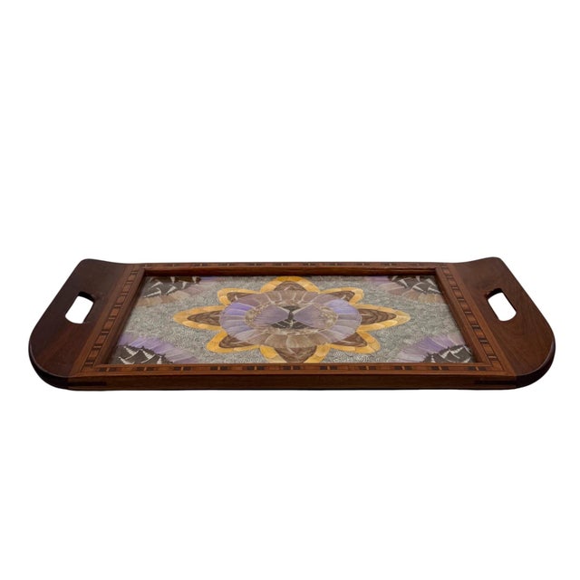 Wood Mid-Century Inlaid Wood and Butterfly Wing Tray, Brazil 1950s For Sale - Image 7 of 8