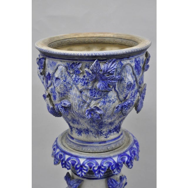Renaissance Antique German Westerwald Salt Glaze Stoneware Cobalt Blue Jardiniere & Pedestal For Sale - Image 3 of 18