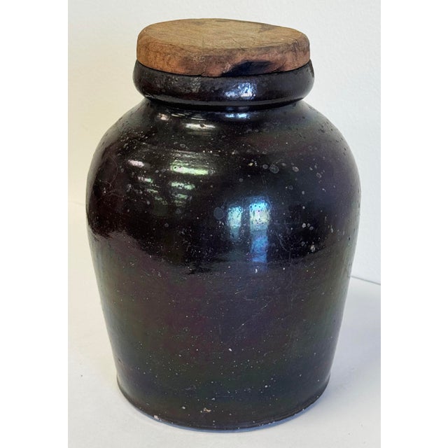 Antique Primitive Crock Jar With Wood Lid For Sale - Image 4 of 11
