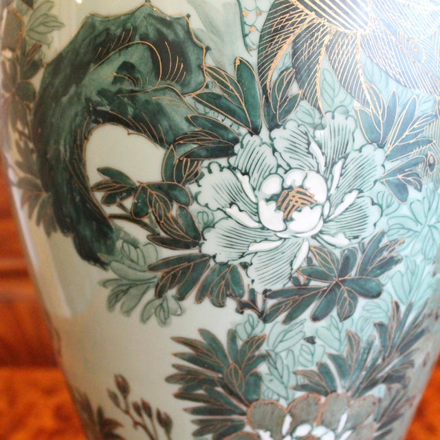 Wood Large Japanese Celadon Blue and Gilt Peacock Vase Adapted Into a Lamp For Sale - Image 7 of 16