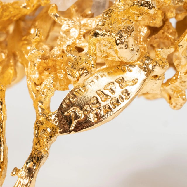 24Kt Gold Triple Branch Candlesticks W/ Rock Crystals by Claude Boeltz - a Pair For Sale - Image 4 of 13