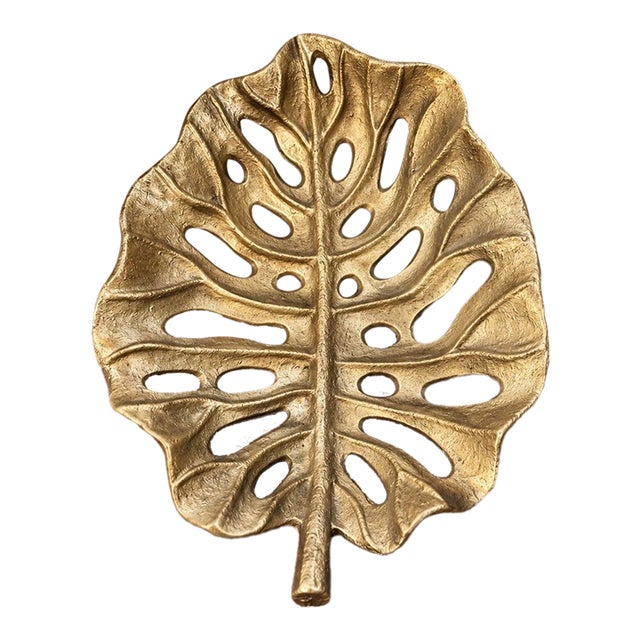 Mid 20th Century Sculptural Gold Monstera Leaf Centerpiece Bowl, 10” For Sale