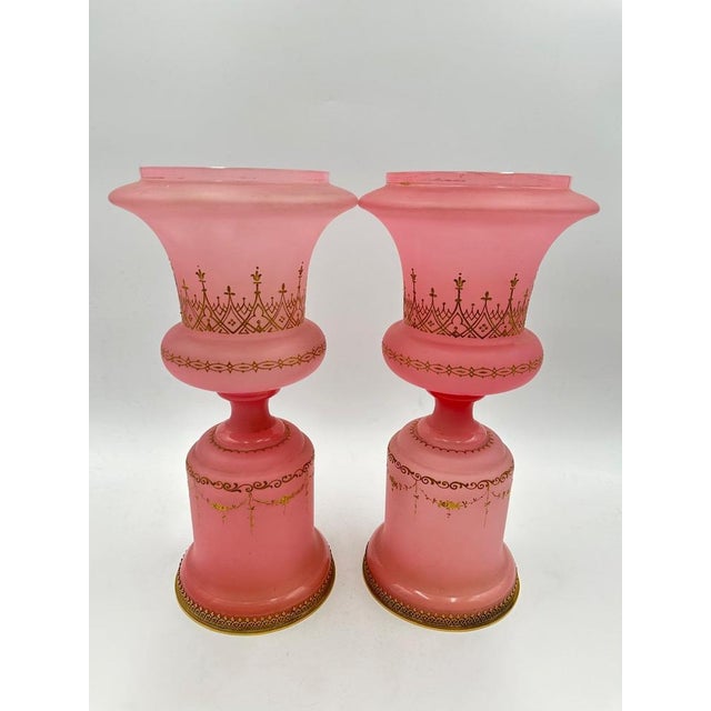 Medici Vases in Pink Opaline with Gilt and Enamel Decoration and Brass-Rimmed Feet, 1890s, Set of 2 For Sale - Image 11 of 11