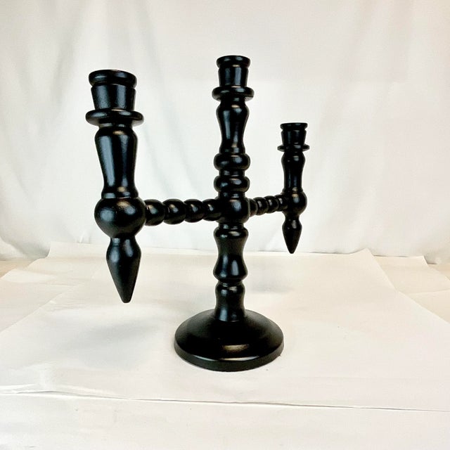 Black Cinco De Mayo - Vintage Boho Chic Mexican Ebonized Hand-Turned Wood 3-Arm Candelabra. For Sale - Image 8 of 9