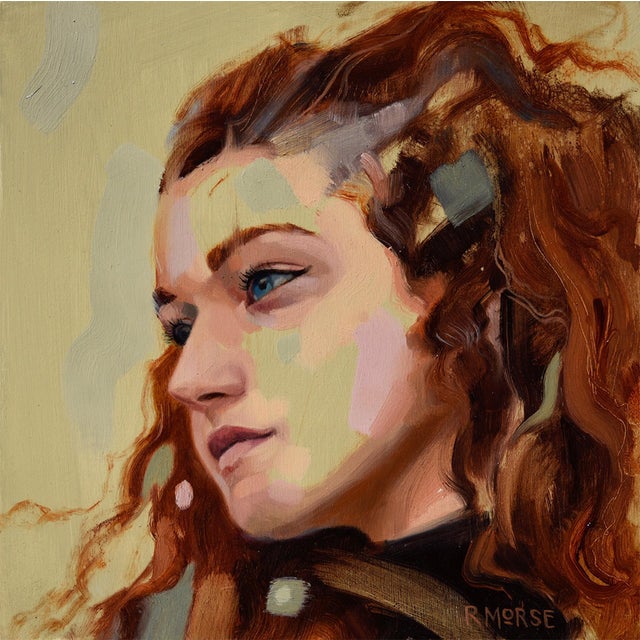 This oil painting on panel captures a close-up of a young woman with striking blue eyes and flowing, textured hair,...