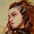 This oil painting on panel captures a close-up of a young woman with striking blue eyes and flowing, textured hair,...