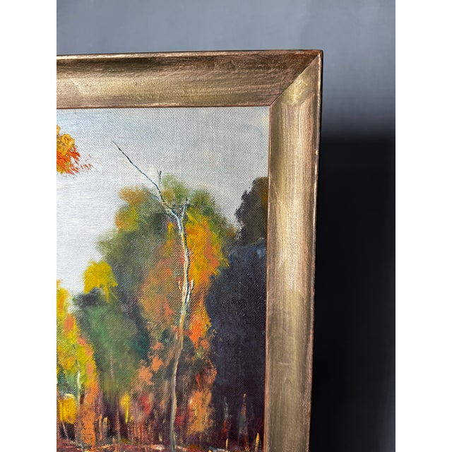 Wood Vintage Mid Century Impressionist Fall Landscape Original Oil Framed Painting For Sale - Image 7 of 14